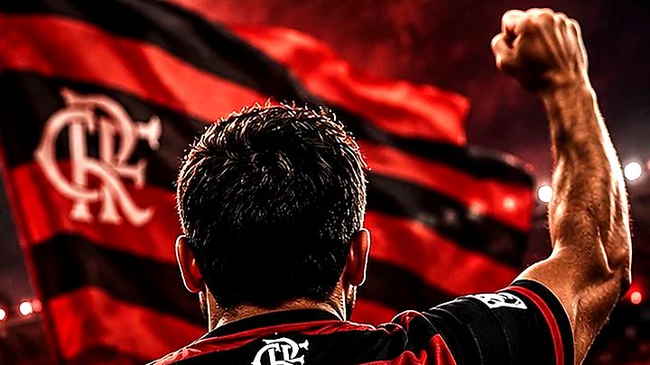 Torcida do Flamengo com bandeira rubro-negra